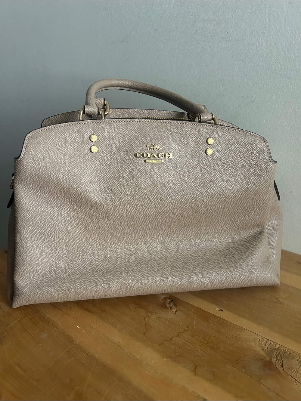 COACH Pebbled Leather Satchel in Taupe Gray with Gold Hardware